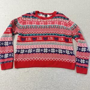 H&M Ugly Christmas Sweater Womens Small Red Pink Fair Isle HoHoHo Cat